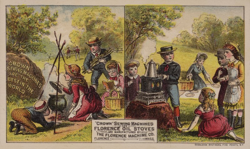 A Florence Machine Company, Massachusetts, 1880-as évekbeli varrógépek és olajkályhák által gyártott amerikai kereskedelmi kártyák alkotó: American School