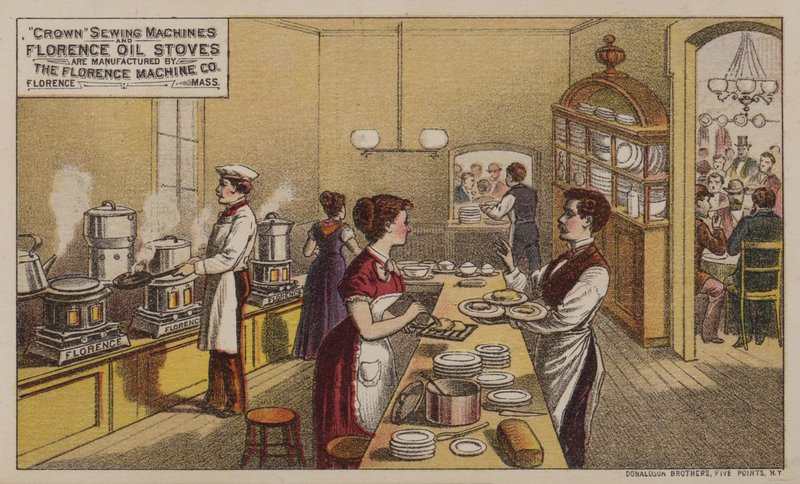 A Florence Machine Company, Massachusetts, 1880-as évekbeli varrógépek és olajkályhák által gyártott amerikai kereskedelmi kártyák alkotó: American School