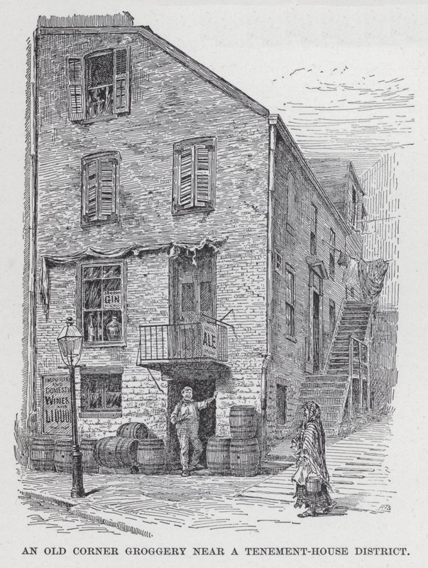 Old Corner Groggery egy bérháznegyed közelében (litho) alkotó: American School