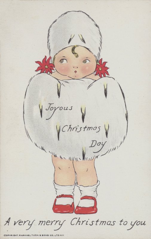 Karácsonyi üdvözlőlap, amely egy karácsonyi szőrmés sapkás gyermeket ábrázol. (chromolitho) alkotó: American School