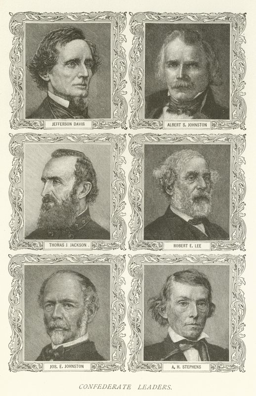 Konföderációs vezetők, Jefferson Davis, Albert S Johnston, Thomas J Jackson, Robert E Lee, Joseph E Johnston, A H Stephens alkotó: American School