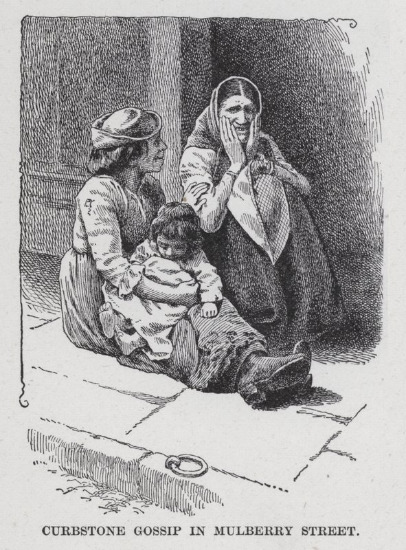 Curbstone Gossip in Mulberry Street (litho) alkotó: American School