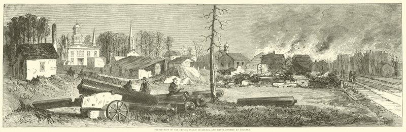 A raktárak, középületek és manufaktúrák lerombolása Atlantában, 1864. november alkotó: American School