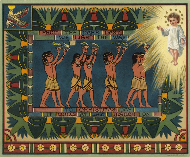 Egyiptomi témájú karácsonyi üdvözlőlap, amely bemutatja, hogyan vezetett a múlt Jézus Krisztushoz (színes litográfia) alkotó: American School