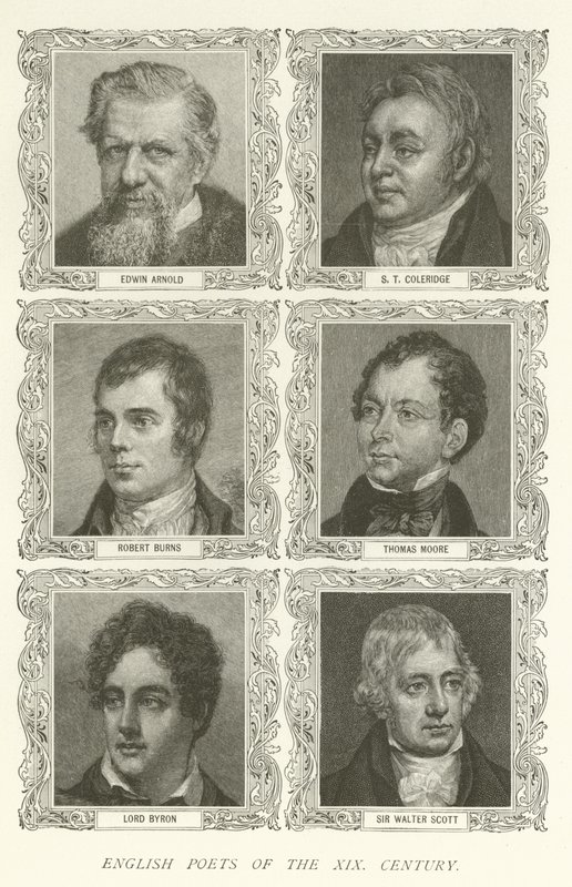 A XIX. század angol költői, Edwin Arnold, S T Coleridge, Robert Burns, Thomas Moore, Lord Byron, Sir Walter Scott alkotó: American School