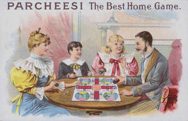 Parcheesi (chromolitho) játékot játszó család alkotó: American School
