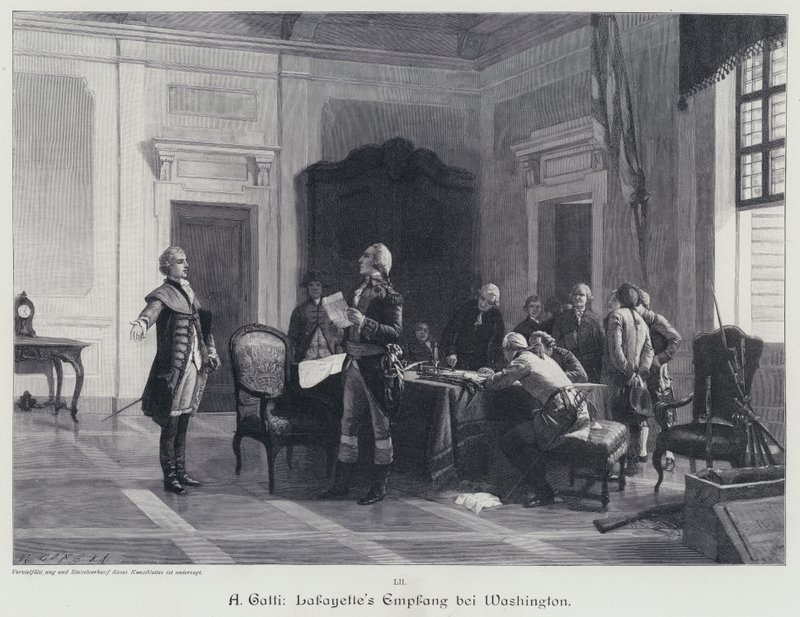 George Washington üdvözli Lafayette márkit (metszet) alkotó: American School