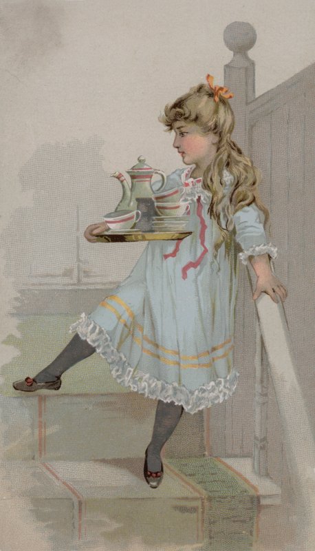 Lány, aki egy csésze kávét egy tálcán alkotó: American School