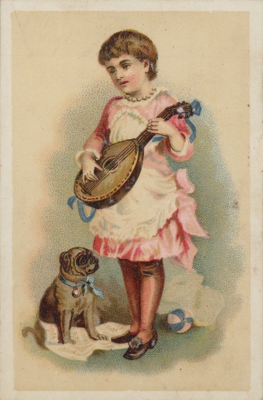 Lány mandolin játszik, egy kutyával alkotó: American School