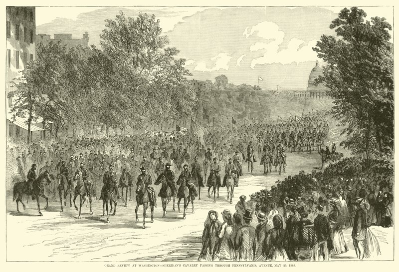 Nagy áttekintés Washingtonban, a Sheridans lovassága áthalad a Pennsylvania Avenue-n, 1865. május 23., 1865. május alkotó: American School