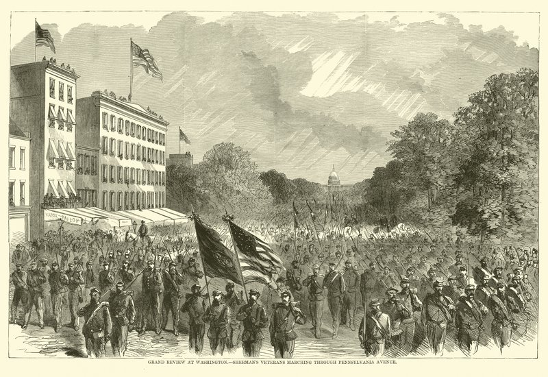Nagy áttekintés Washingtonban, a Shermans veteránjai a Pennsylvania Avenue-n keresztül vonulnak, 1865. május alkotó: American School