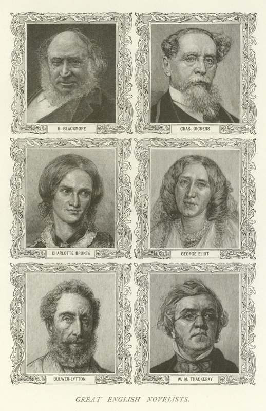 Nagy angol regényírók, R Blackmore, Charles Dickens, Charlotte Bronte, George Eliot, Bulwer-Lytton, W M Thackeray alkotó: American School