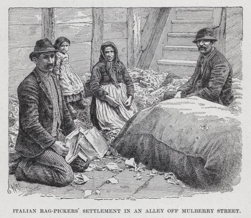 Olasz rongyszedők telepe egy sikátorban a Mulberry Street mellett (litho) alkotó: American School