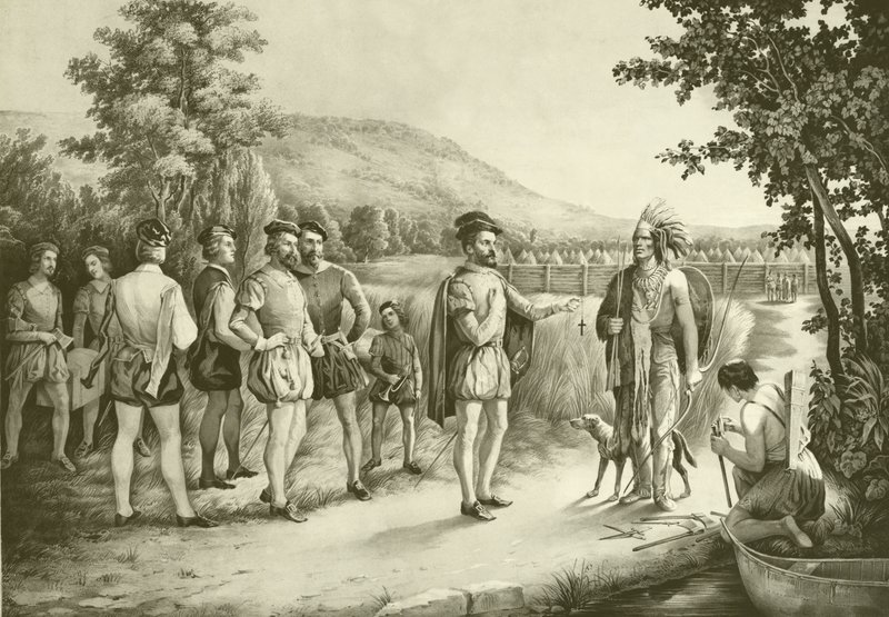 Jacques Cartier, első interjúja az indiánokkal Hochelagában, most Montrealban 1535-ben, 1850 körül alkotó: American School
