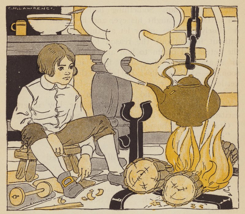 James Watt nézi, hogyan forr nagymamája teáskannája (színes litho) alkotó: American School