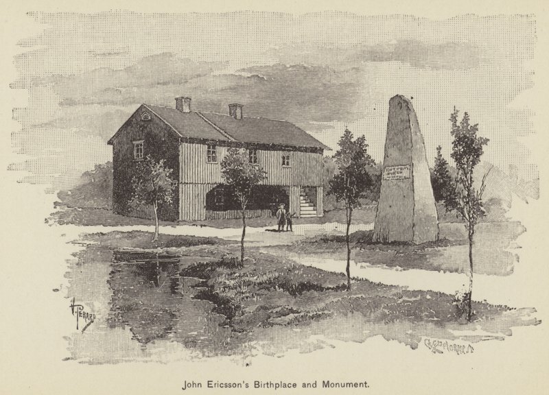 John Ericsson szülőháza és emlékműve (metszet) alkotó: American School