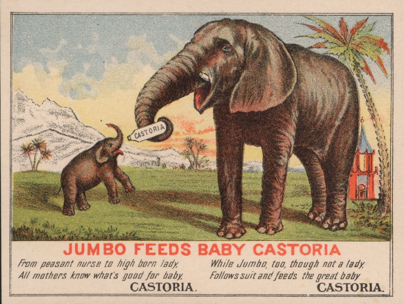A Jumbo eteti Castoria babát, Fletcher Castoria gyógyszerének reklámja, P T Barnum híres cirkuszi elefántjával alkotó: American School