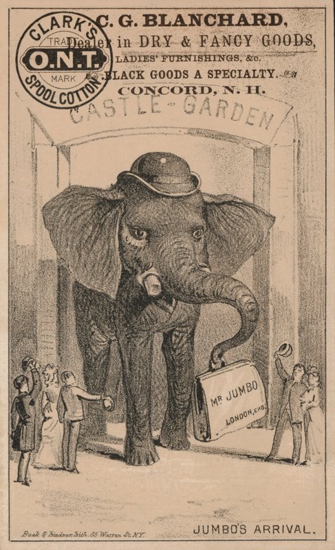 Jumbo érkezése, hirdetés Clark orsó pamutjáról, P T Barnum híres cirkuszi elefántjával alkotó: American School