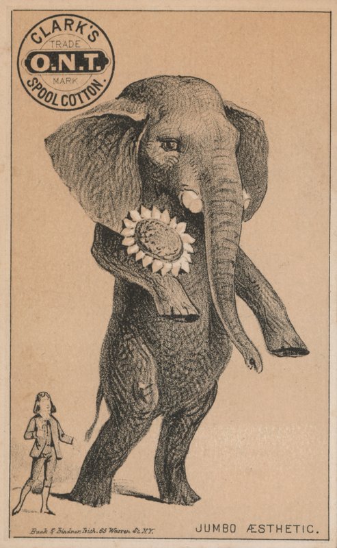 Jumbo érkezése, hirdetés Clark orsó pamutjáról, P T Barnum híres cirkuszi elefántjával alkotó: American School
