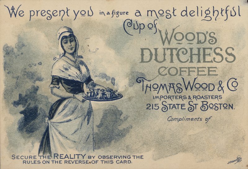 Kávét felszolgáló szobalány, a Woods Duchess Coffee reklámja, Boston alkotó: American School