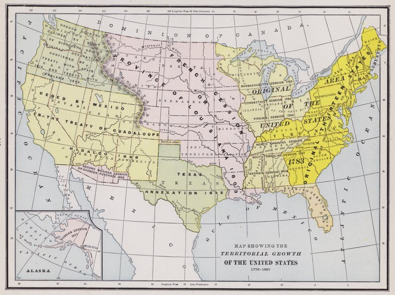 Az Egyesült Államok területi növekedését bemutató térkép (színes metszet) alkotó: American School