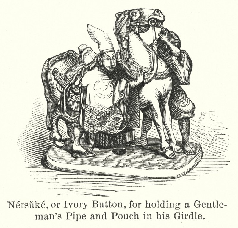 Netsuke, vagy elefántcsont gomb, amiért egy úri pipát és tasakot tartott az övében (metszet) alkotó: American School