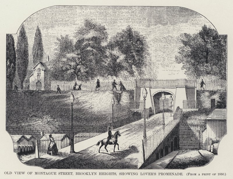 A Montague Street régi képe, Brooklyn Heights, a Szerető sétányával (litho) alkotó: American School