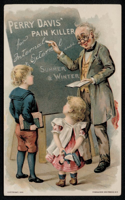Perry Davis fájdalomcsillapító, reklám a 19. század közepén (chromolitho) alkotó: American School