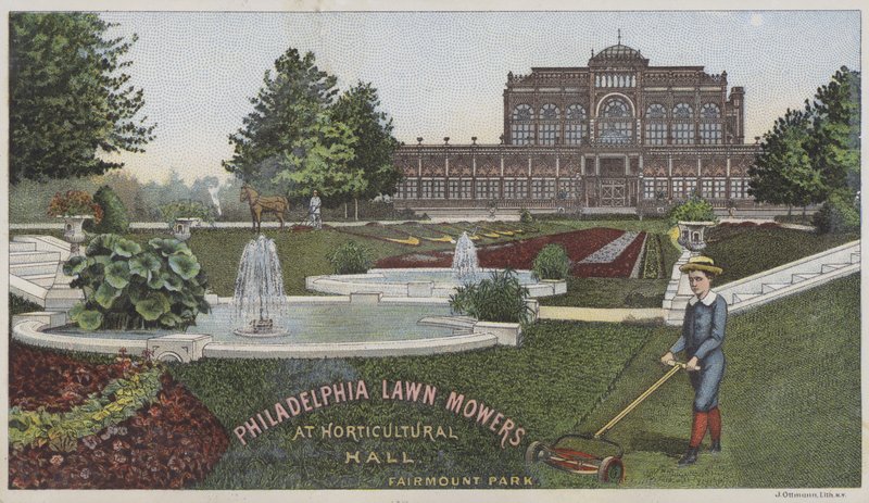 Philadelphiai fűnyírók a kertészeti csarnokban (chromolitho) alkotó: American School
