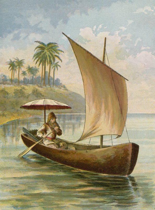 Robinson Crusoe vitorlázik a csónakjában alkotó: American School