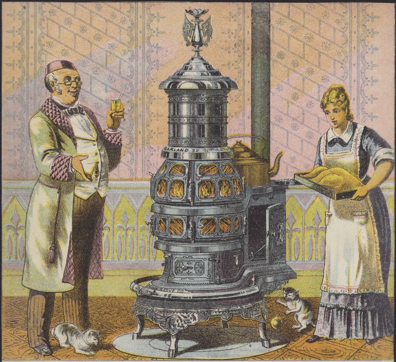 A szolga nagy tűzhelybe tesz pulykát, a ház ura néz (chromolitho) alkotó: American School