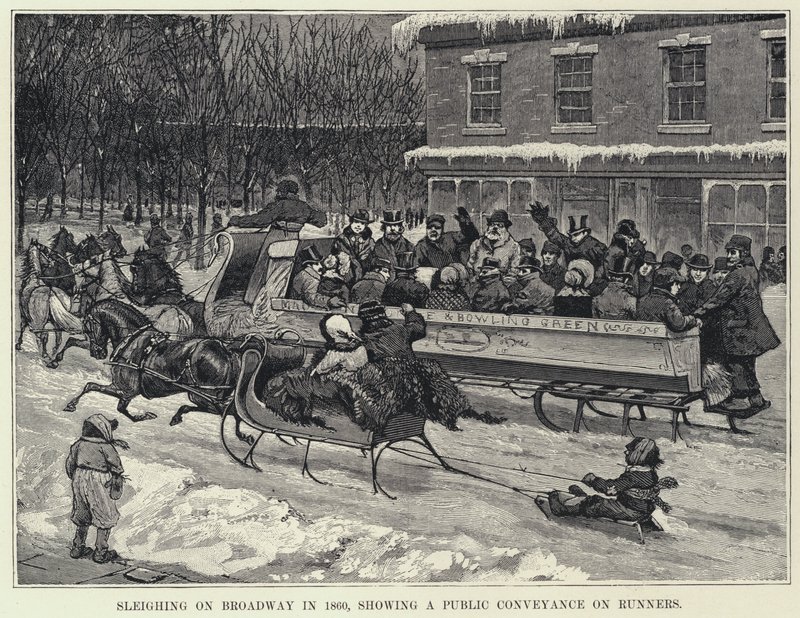 Szánkózás a Broadwayn 1860-ban, nyilvános járművet bemutató futókon (litho) alkotó: American School