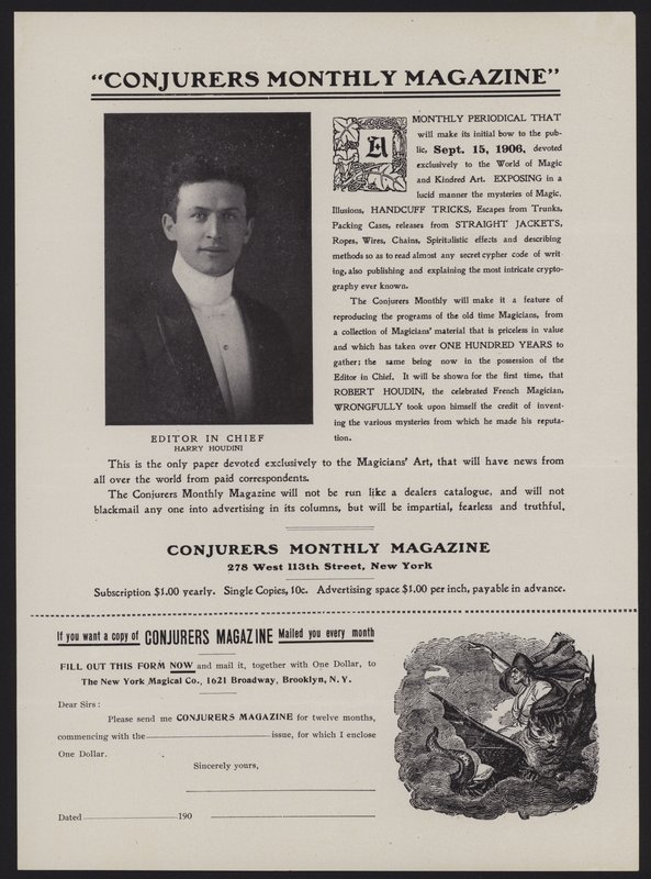 A Conjurers Monthly Magazine előfizetési űrlapja, Harry Houdini főszerkesztő (litho) alkotó: American School