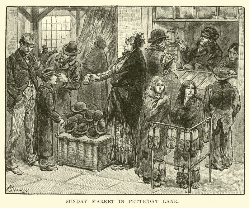 Vasárnapi piac a Petticoat Lane-ben alkotó: American School