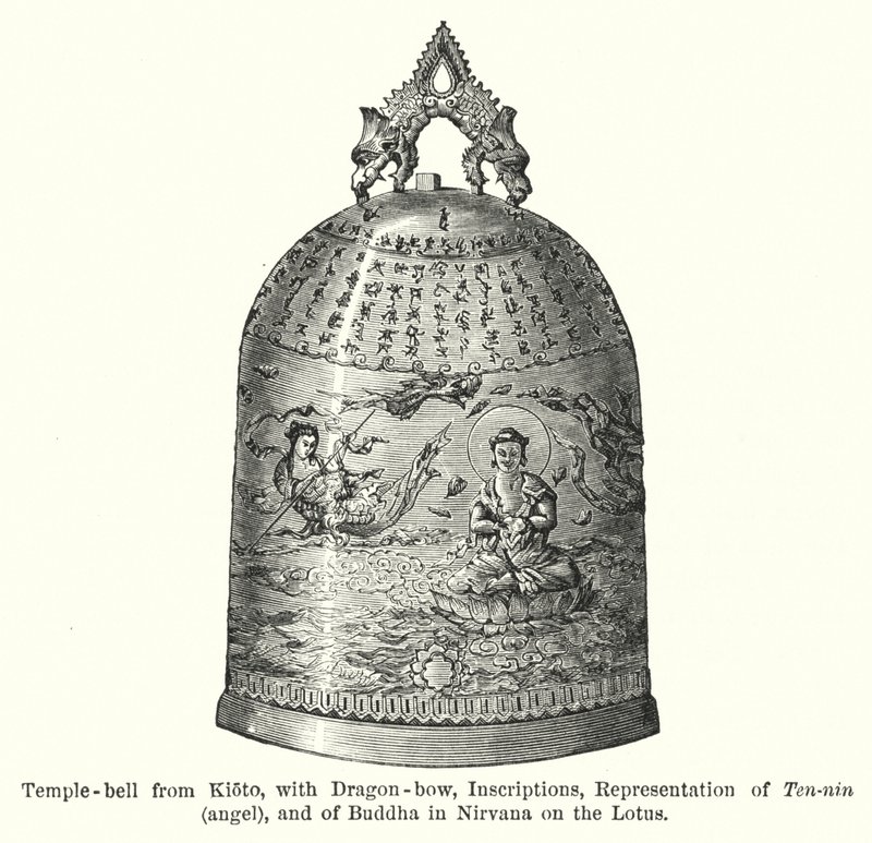 Templomharang Kiotóból, sárkányíjjal, feliratokkal, Ten-nin, angyal és Buddha ábrázolása a Nirvánában a Lótuszon (metszet) alkotó: American School