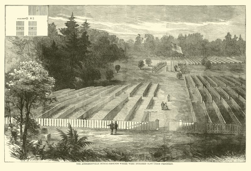 Az Andersonville-i temetők, ahol 14 000 uniós foglyot temettek el, 1865. május alkotó: American School