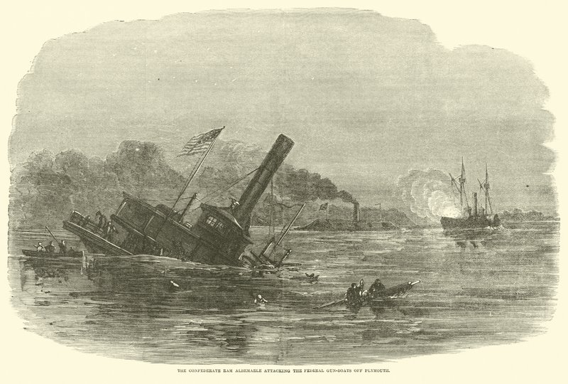 A konföderációs Ram Albemarle megtámadja a szövetségi fegyveres hajókat Plymouthnál, 1864. október alkotó: American School