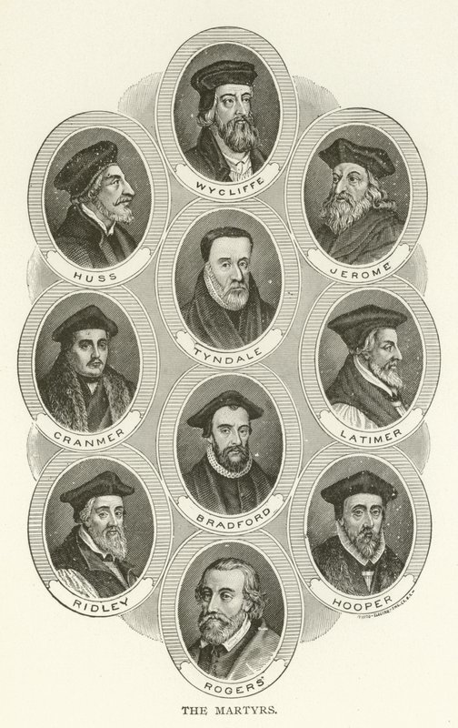A mártírok, Wycliffe, Huss, Jerome, Tyndale, Cranmer, Latimer, Bradford, Ridley, Hooper, Rogers alkotó: American School
