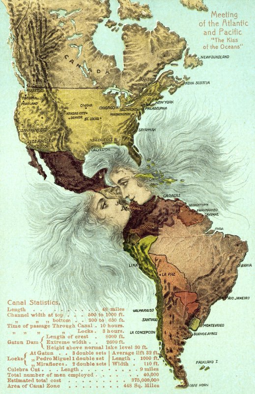 A Panama-csatorna, a Csendes-óceán és az Atlanti-óceán csókolózás (színes litó) alkotó: American School