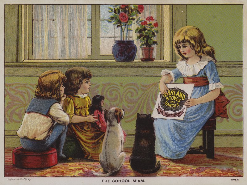 Az Iskola Asszony elmagyarázza a Garland kályhák és tűzhelyek előnyeit (chromolitho) alkotó: American School