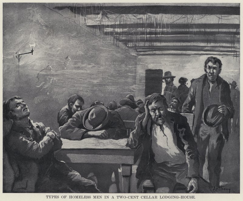 Hajléktalan férfiak típusai egy kétcentes pinceszálláson (litho) alkotó: American School