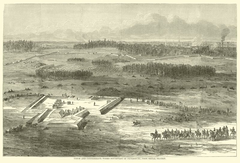 Szakszervezeti és Konföderációs munkák Pétervártól délnyugatra, a jelzőállomástól, 1865. március alkotó: American School