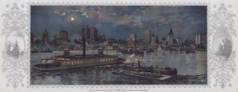 A Manhattan-sziget látképe éjszaka, egy Jersey City-i komphajóról (színes lithó) alkotó: American School