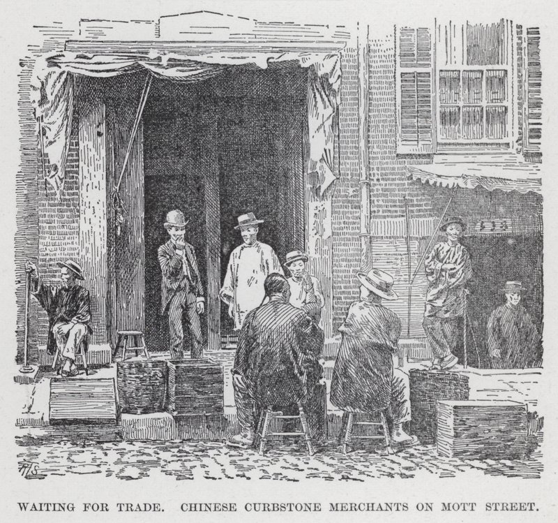 Kereskedelemre várva kínai járdakő-kereskedők a Mott Streeten (litho) alkotó: American School