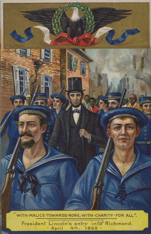 Rosszindulattal senki felé; jótékonysággal mindenkiért. Lincoln elnök belépése Richmondba, 1865. április 4 alkotó: American School