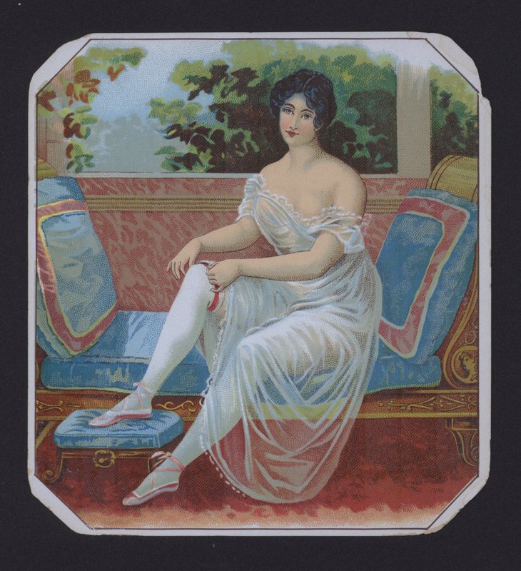 Nő negligee-ben, szivarcímkével (chromolitho) alkotó: American School