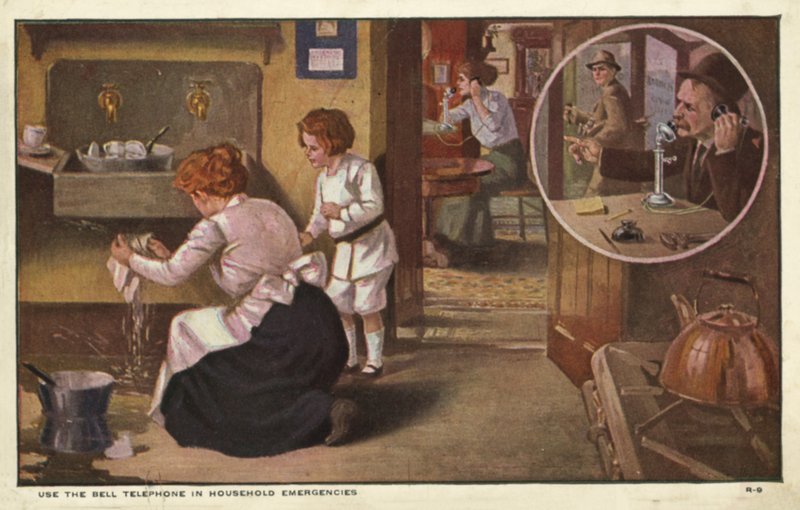 Nő telefonál egy vízvezeték-szerelőnek (színes litho) alkotó: American School