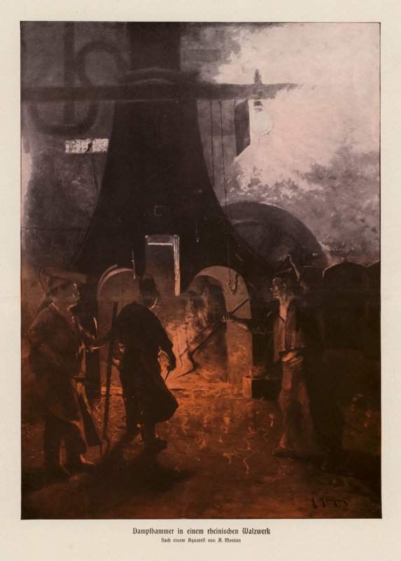 Gőzkalapács egy német hengerműben (színes litográfia) alkotó: Anders Montan