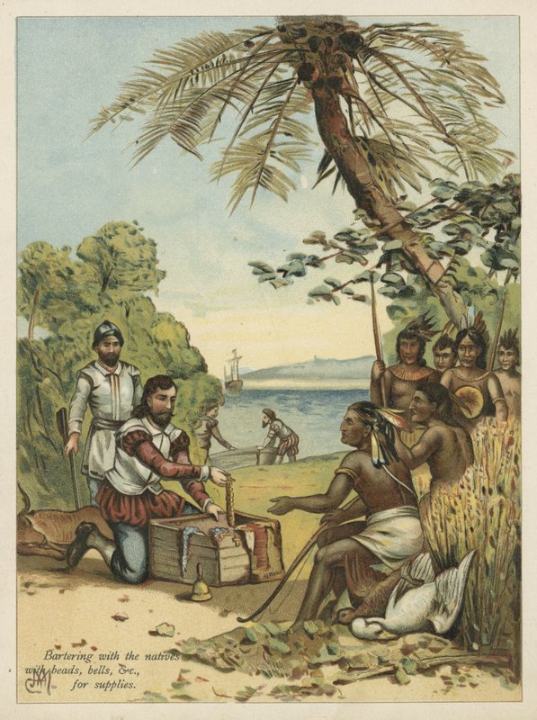 Columbus cserekereskedelem indiánokkal ellátásért (chromolitho) alkotó: Andrew Melrose
