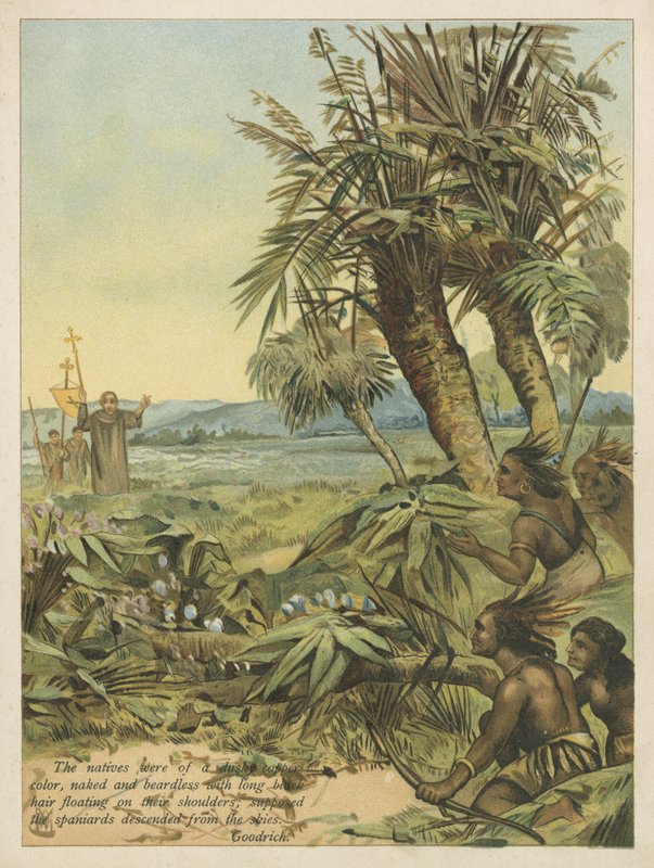 Az újvilág bennszülöttei az újonnan érkezett spanyolokat figyelve (chromolitho) alkotó: Andrew Melrose
